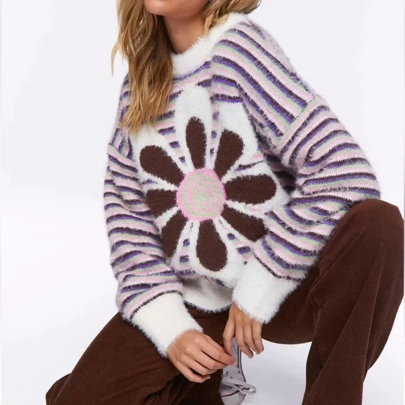 FOREVER 21 Fuzzy Striped Floral Graphic Sweater - Picture 3 of 16